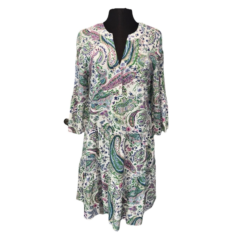 NEW Shana Apparel Paisley Tiered Dress Size‎ Med White Purple Green Bell Sleeve